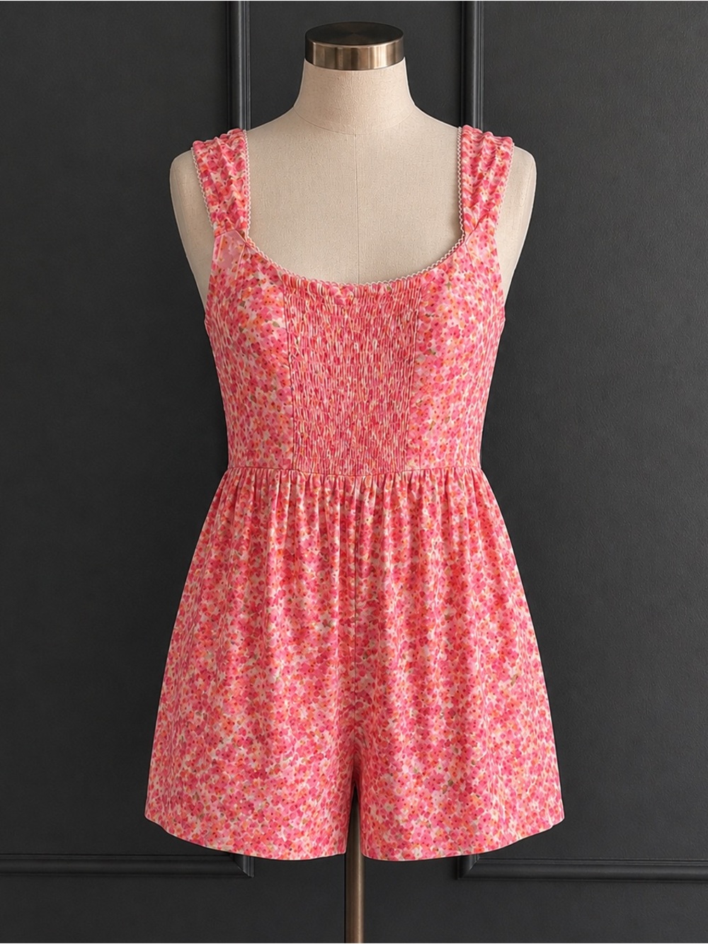 wild fable Pink Floral Smocked Strap Romper with Braided Straps